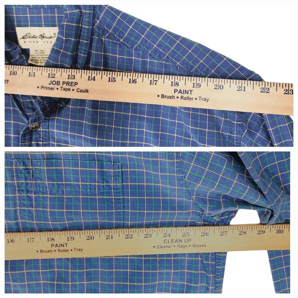 Eddie Bauer XL Mens Button Down Shirt Plaid Blue Green Yellow 100%‎ Cotton